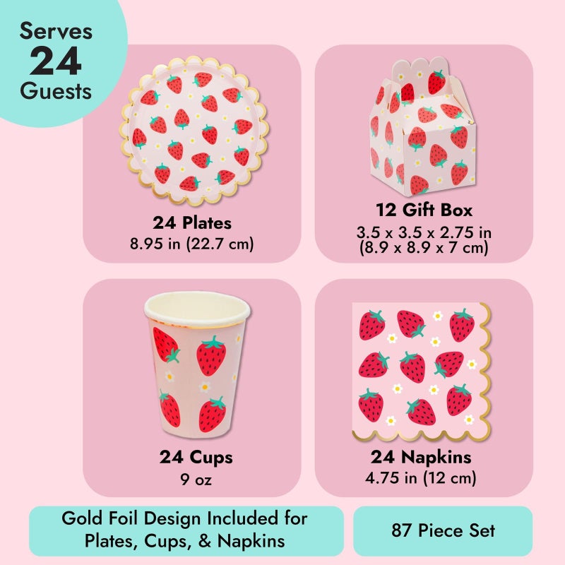 Sparkle and Bash Strawberry Tablecloth & Birthday Party Decorations Set - 87-Piece Pink Daisy-Print Plates, Cups, Napkins & Favor Boxes - Banner & Party Supplies - Image 3